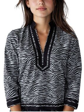 Michael KORS Zebra V-Neck Long Sleeve Side Slit Top Blouse Size XS